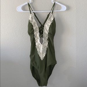 Olive Green With White Lace One Piece Bathing Suit
